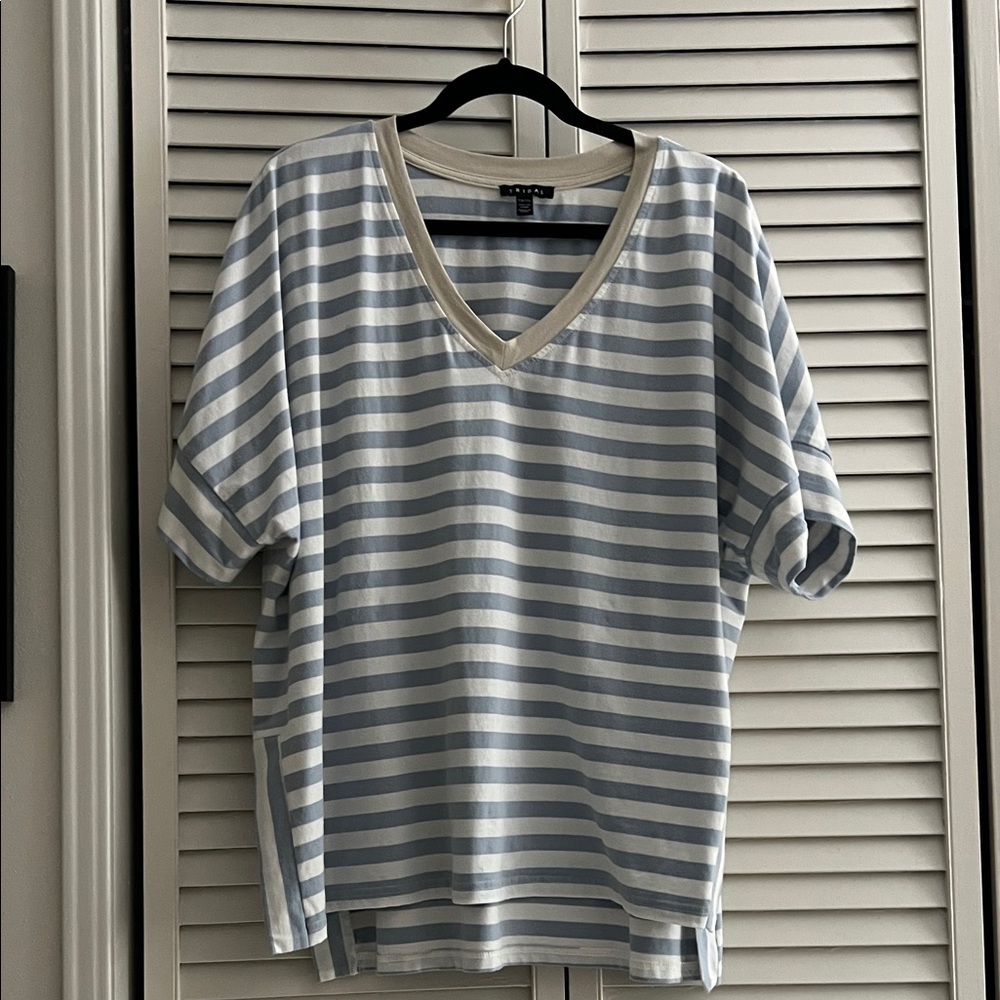 Tribal Blue and White Striped V-Neck Tee